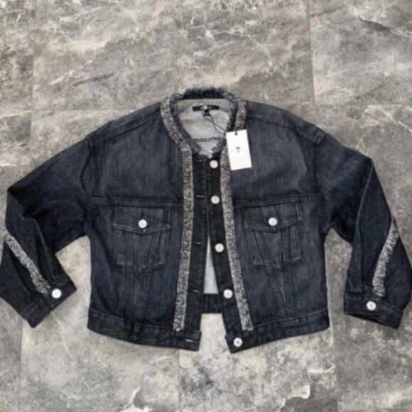 7 For All Mankind denim jean jacket with fringe detail size small NWT - Picture 1 of 4